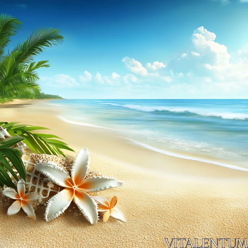 AI ART Tropical Beach with White Flowers