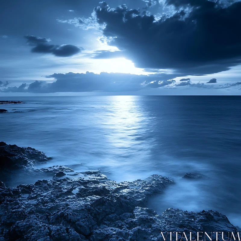 AI ART Blue Seascape with Clouds and Rocks