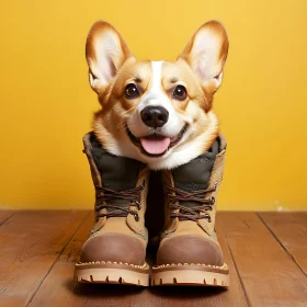 Cute Corgi Dog Sitting In Boots On Wooden Floor