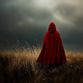 Figure in Red Cloak in Overcast Field