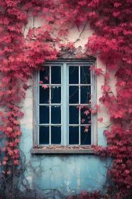 Aged Window with Climbing Red Vines