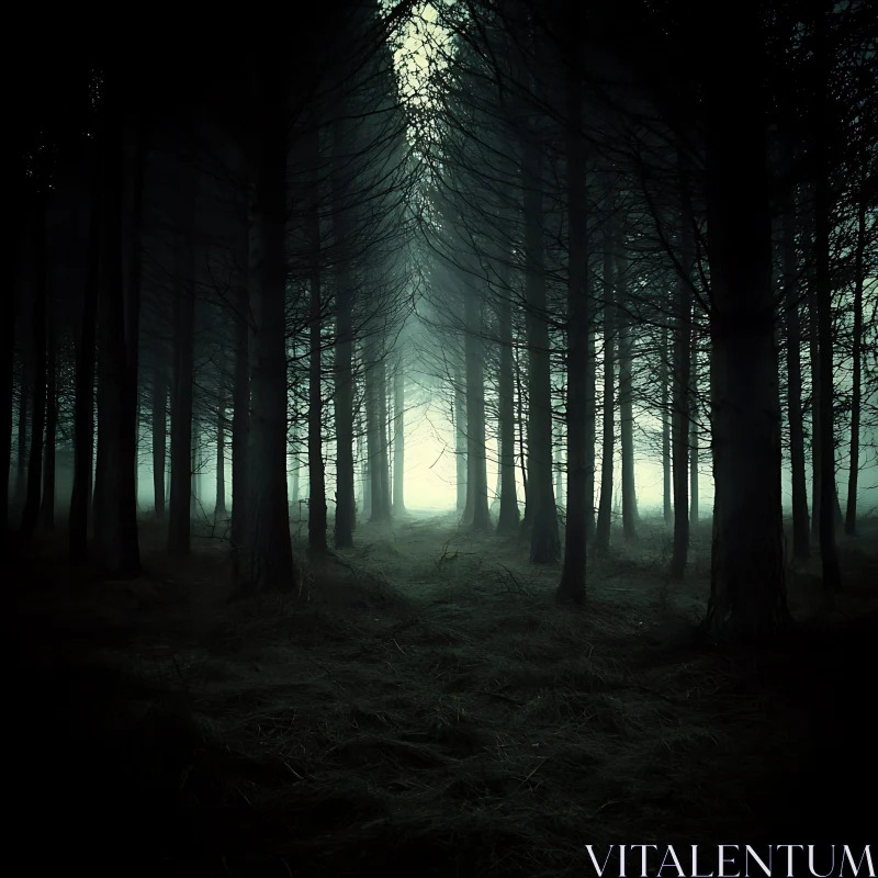 Eerie Foggy Woodland Path AI Image