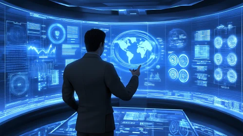 Man Analyzing Global Data on Futuristic Interface