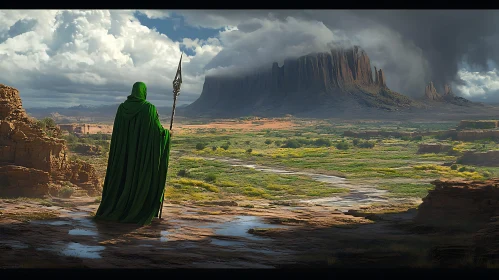 Cloaked Figure Overlooking Canyon Landscape