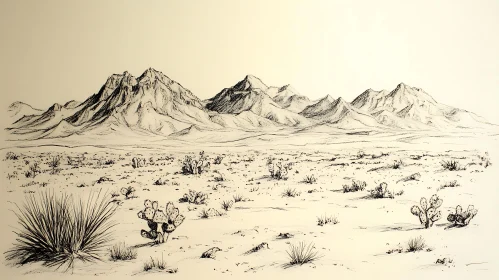 Desert Mountain Range Monochrome Drawing