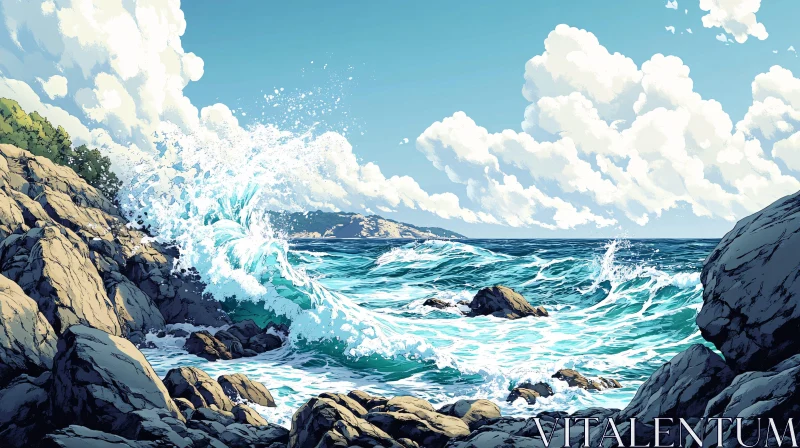 AI ART Coastal Scene with Waves and Rocks