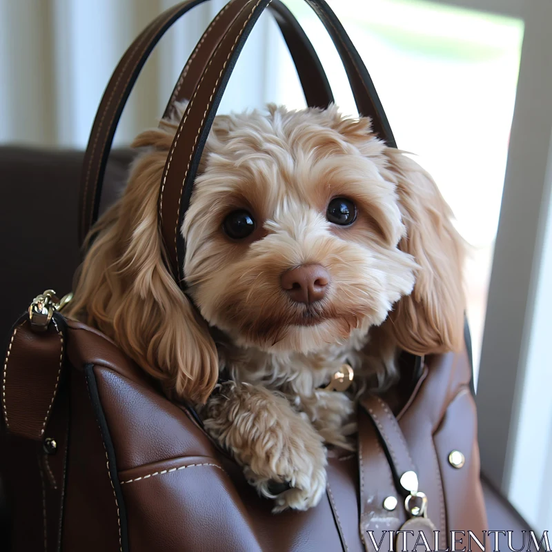 Puppy Relaxing in a Stylish Bag AI Image