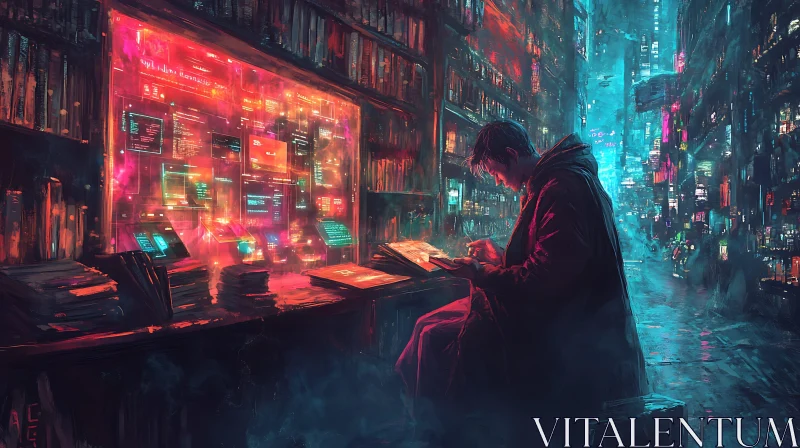 Neon Lit Study in a Futuristic City AI Image