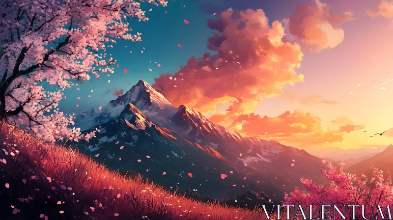 Pink Petals Mountain Scenery AI Image