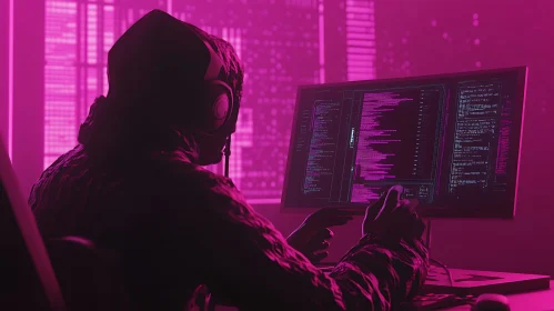 Hooded Coder in Pink Cyberpunk Scene