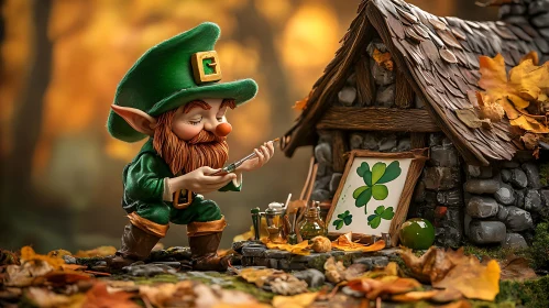 Irish Leprechaun Painting Clover Artwork