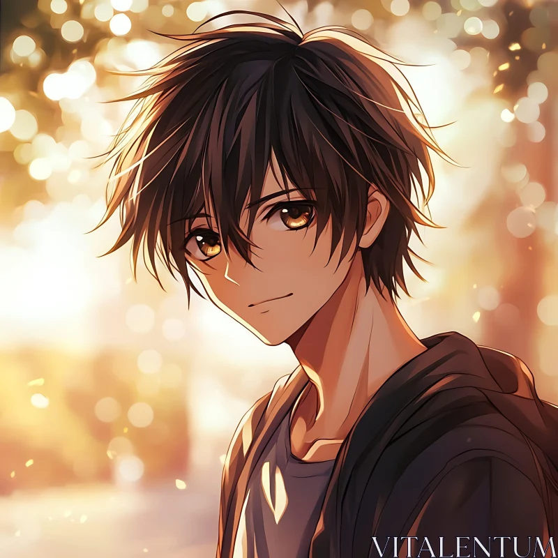 Serene Anime Boy Portrait in Sunlit Bokeh Background AI Image