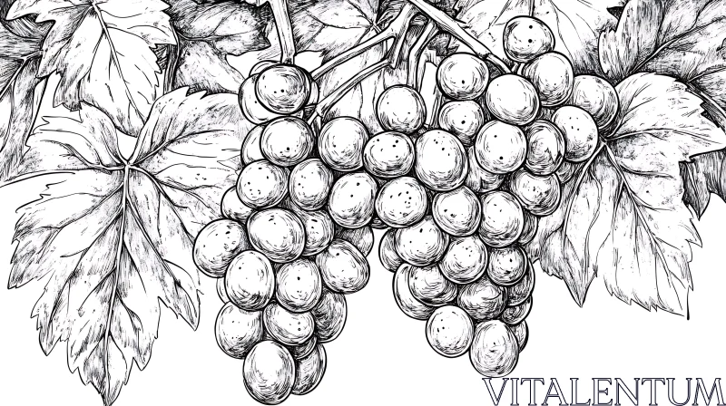 AI ART Monochrome Grape and Leaf Illustration