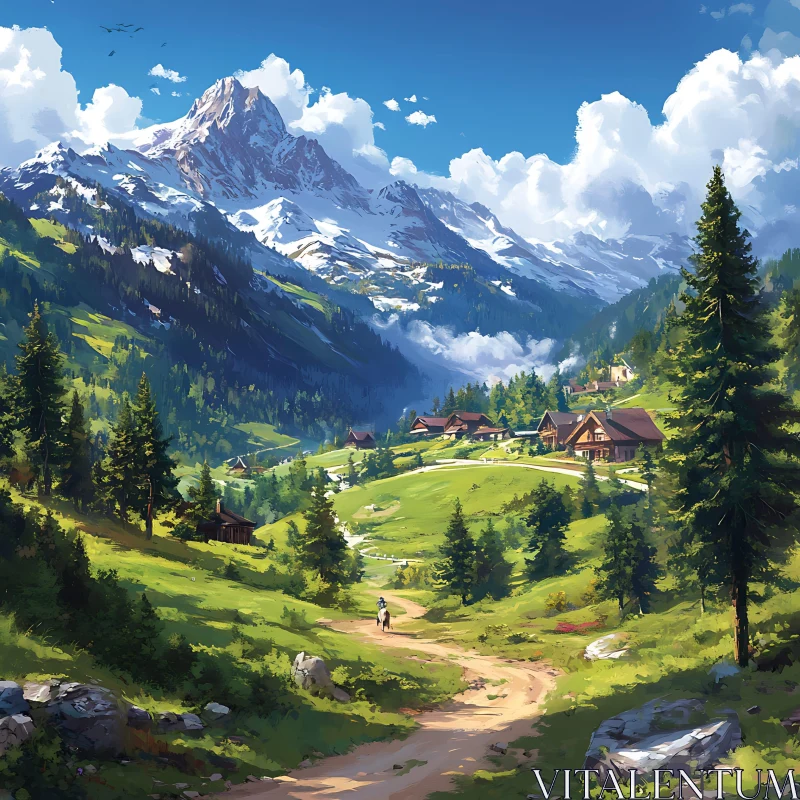 AI ART Scenic Mountain Village Art Print