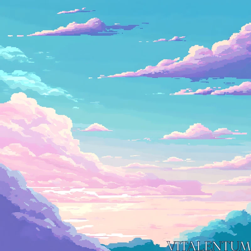 Pixel Art Sunset Sky with Fluffy Pastel Clouds AI Image