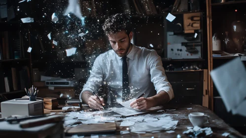 Man Writing with Magical Sparkles