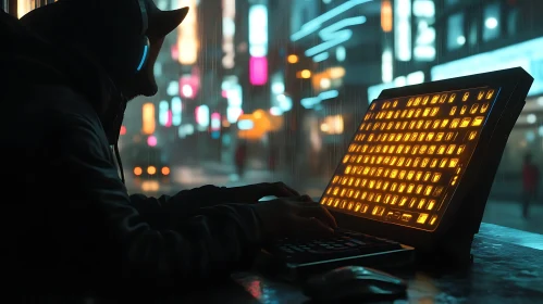 Neon Hacker in Rainy City