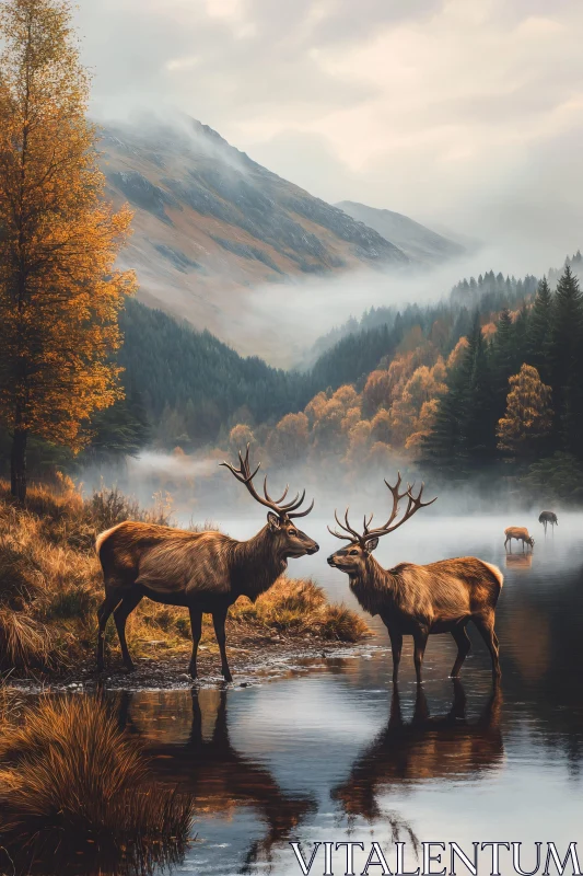 Autumn Scene with Deer and Misty Mountains AI Image