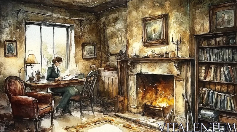 Cozy Study Room Watercolor Art AI Image