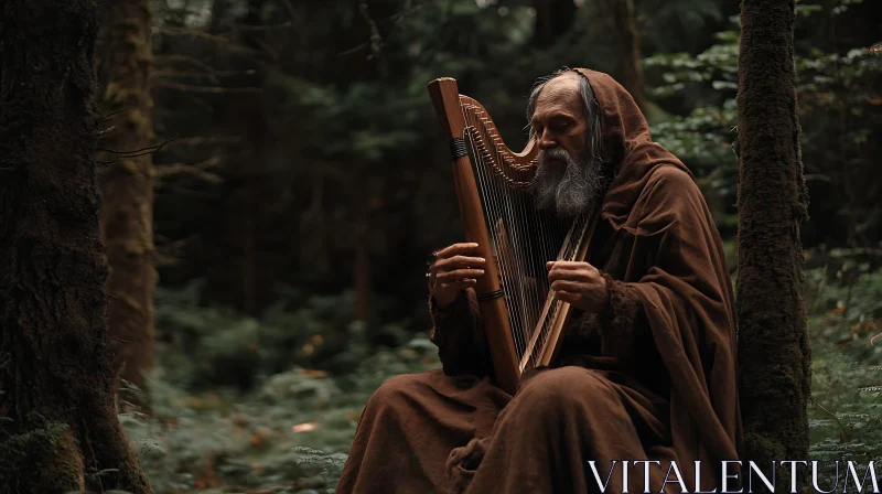 Mystic Harp Player in the Woods AI Image