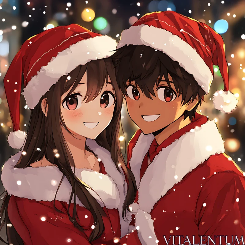 AI ART Festive Anime Couple in Santa Hats with Snow