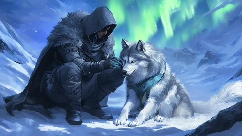 Man and Wolf Beneath Aurora