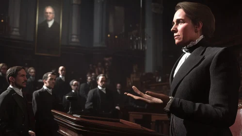 Historical Courtroom Scene with Female Speaker