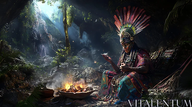 AI ART Native American Shaman by Campfire