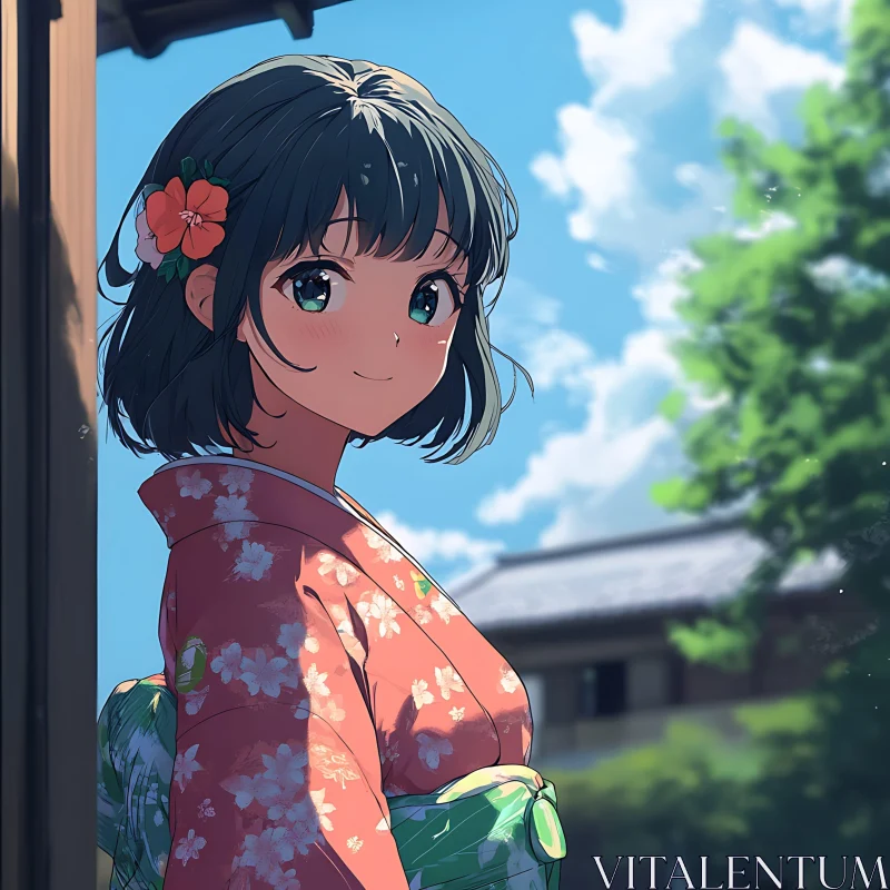 Anime Girl in Traditional Attire Under Clear Sky AI Image