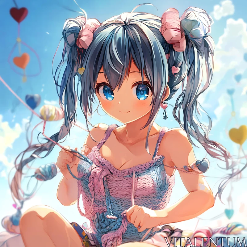 Cute Anime Girl with Blue Hair Knitting AI Image