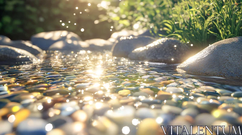 Sunlit Pebbles in a Tranquil Stream AI Image