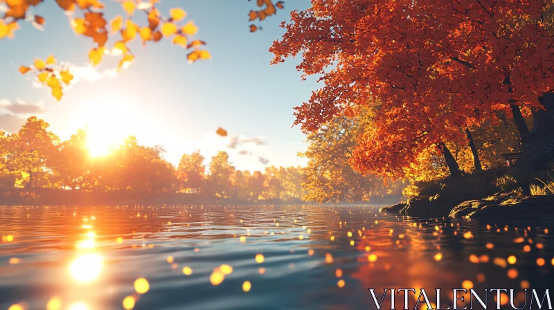 Vibrant Autumn Sunset at a Tranquil Lake AI Image