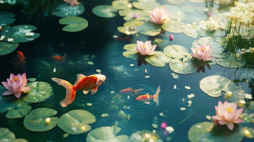 Peaceful Pond Scene with Fish and Lilies