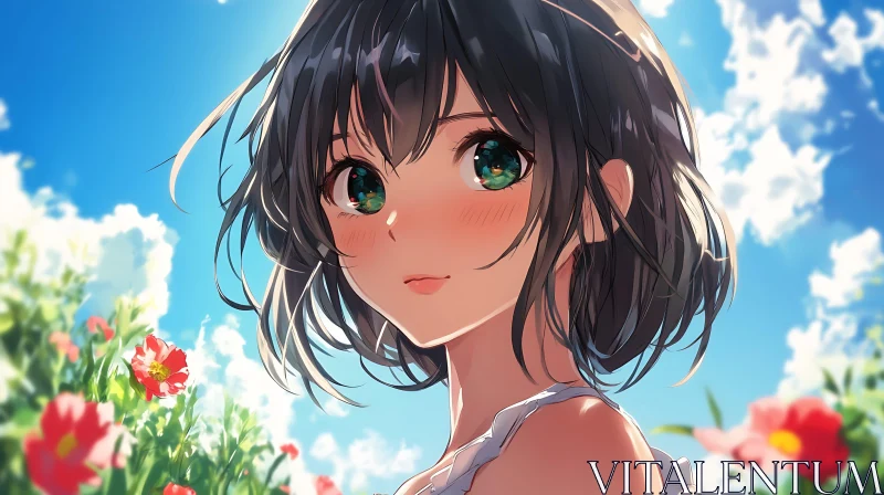 Anime Portrait of a Girl in a Floral Field AI Image