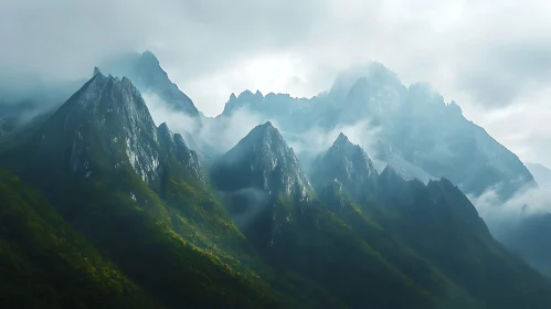 Cloud-Veiled Mountains Green Slopes