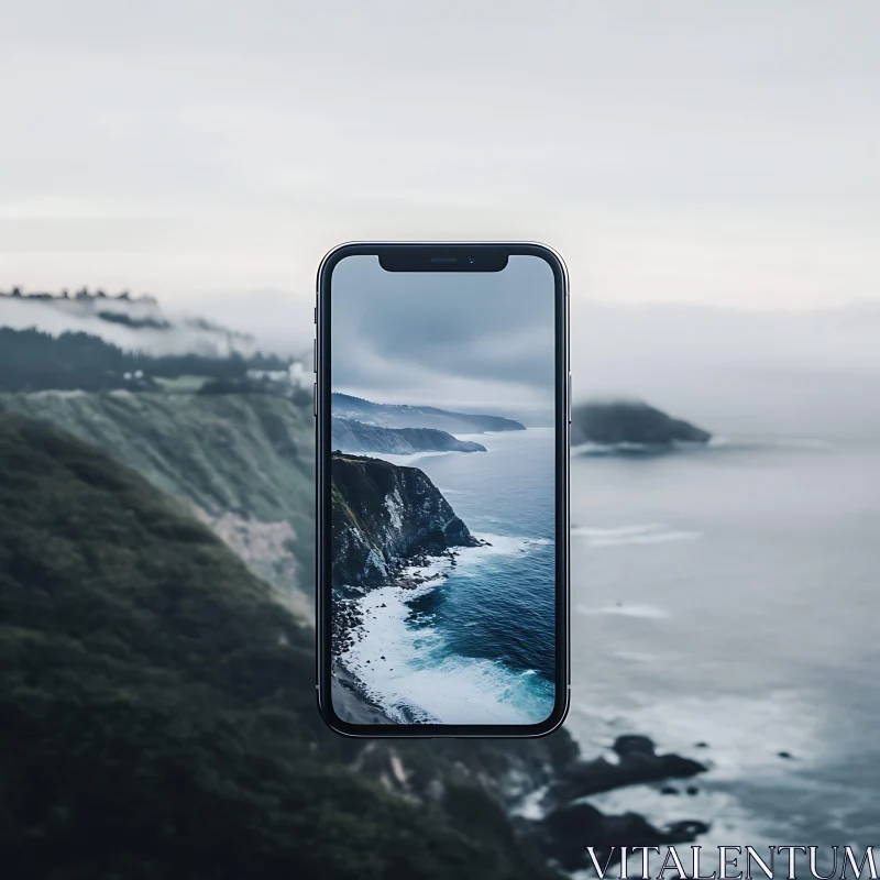 Ocean View on Mobile Screen AI Image