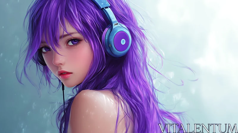 Anime Portrait with Purple Hair and Headphones AI Image