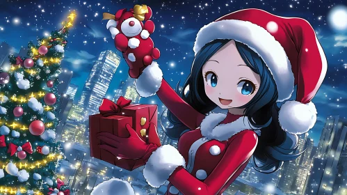 Festive Anime Christmas Scene with Santa Girl