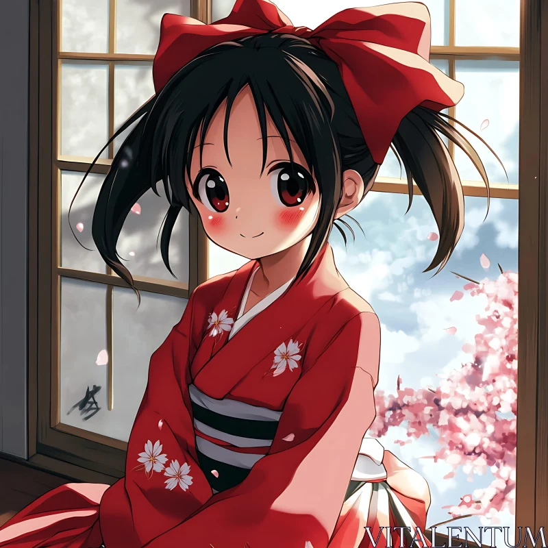 Anime Spring Scene with Girl and Cherry Blossoms AI Image