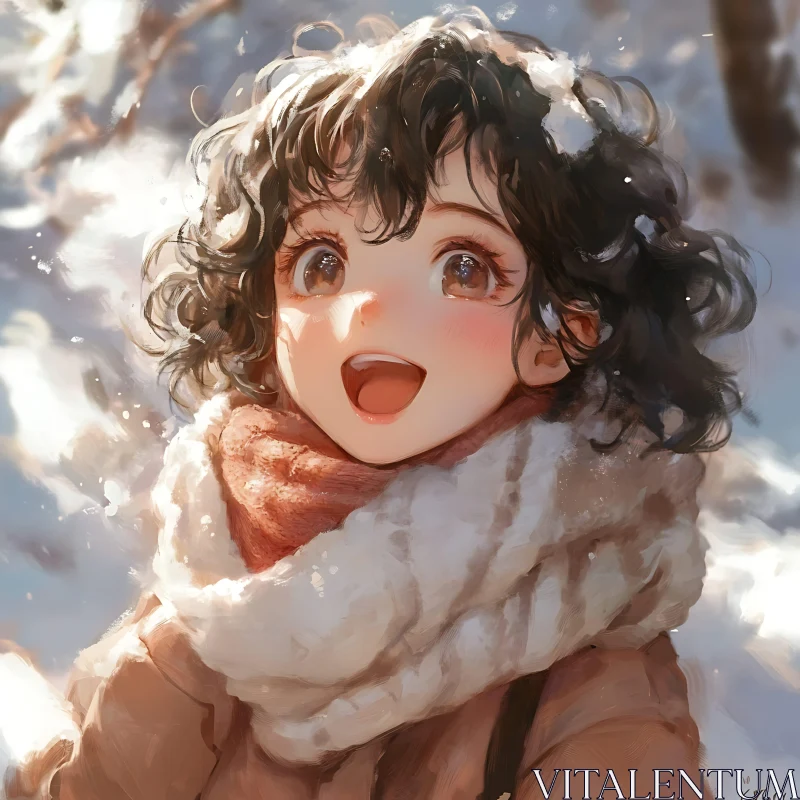 Happy Anime Girl in Snowy Landscape AI Image