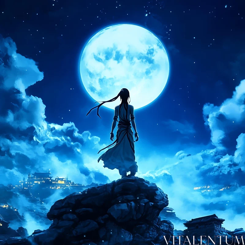 Silhouette of Anime Figure Under Moonlight AI Image