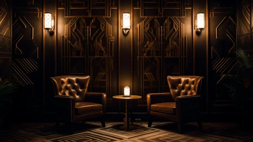 Art Deco Inspired Interior: Leather Chairs and Lamps in Nightscapes