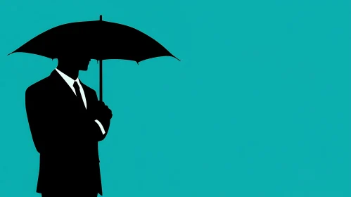 Teal Background with Man and Umbrella