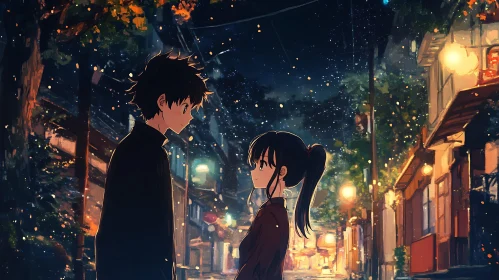 Anime Couple Under Streetlights