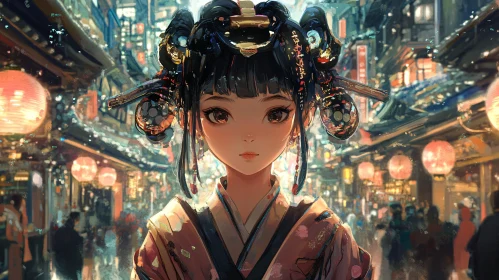 Geisha in Anime City Night