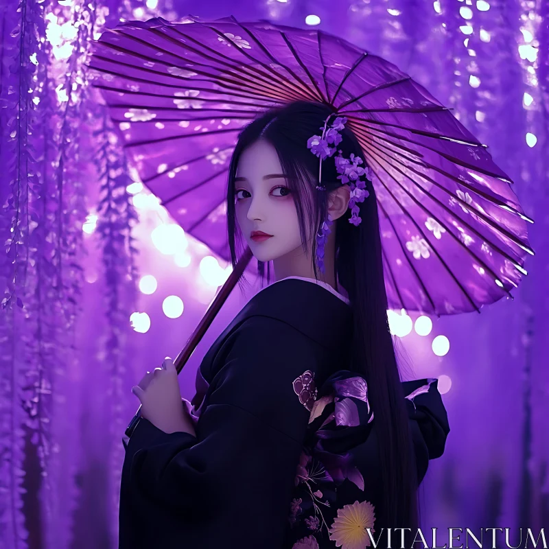 Serene Portrait of a Woman Under a Purple Parasol AI Image