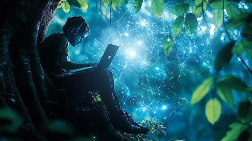 Man Working on Laptop in Tree