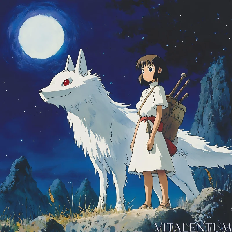 Moonlit Anime Scene with Girl and Wolf AI Image