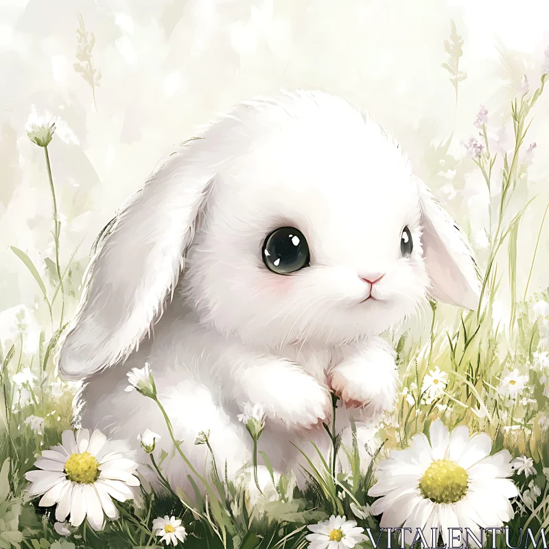 Sweet Bunny Portrait in Floral Meadow AI Image