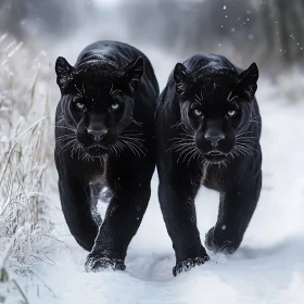 Two Black Panthers Walking in Snow